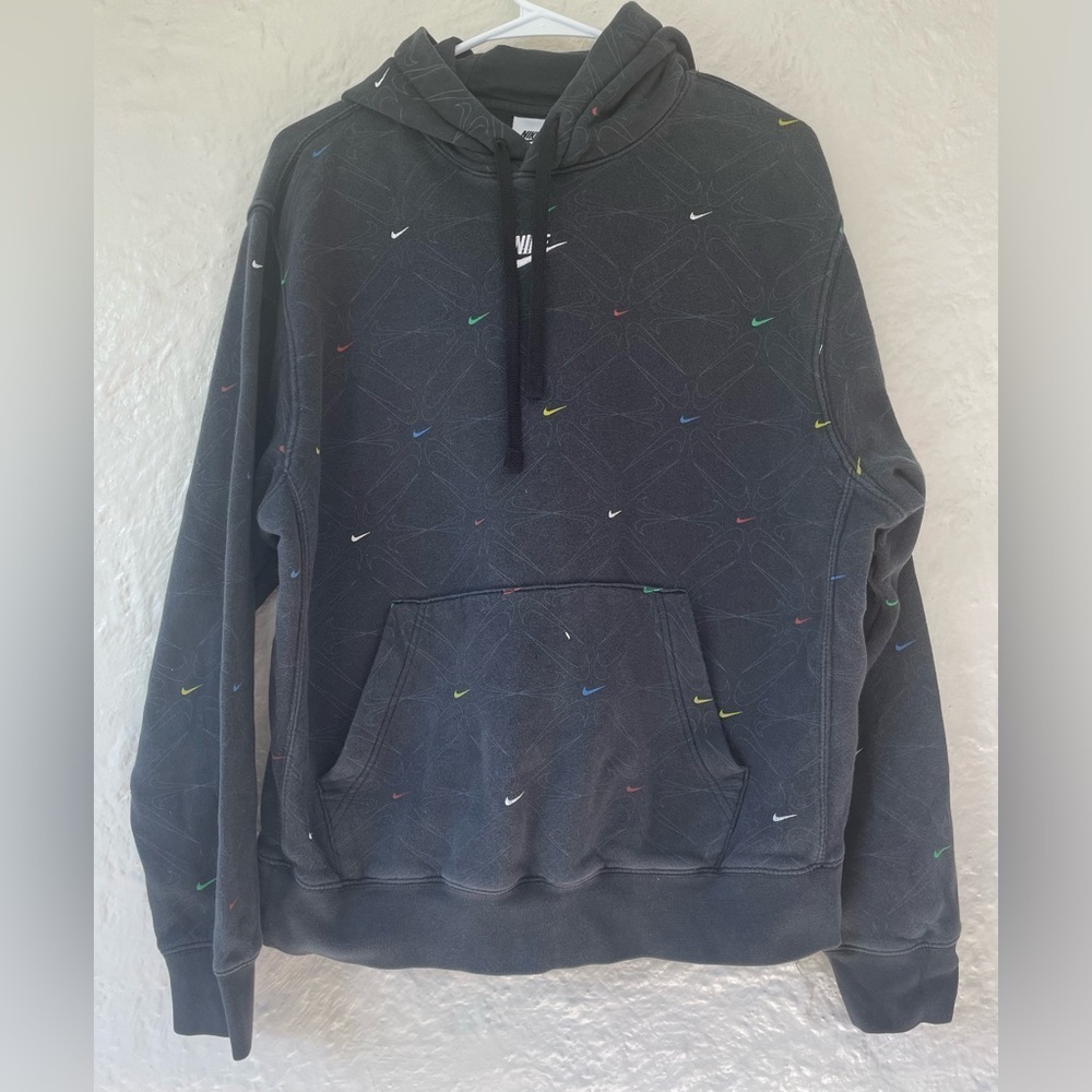 Nike Aop Gel Black Fleece Small Swooshes Pullover Crewneck Hoodie Mens M